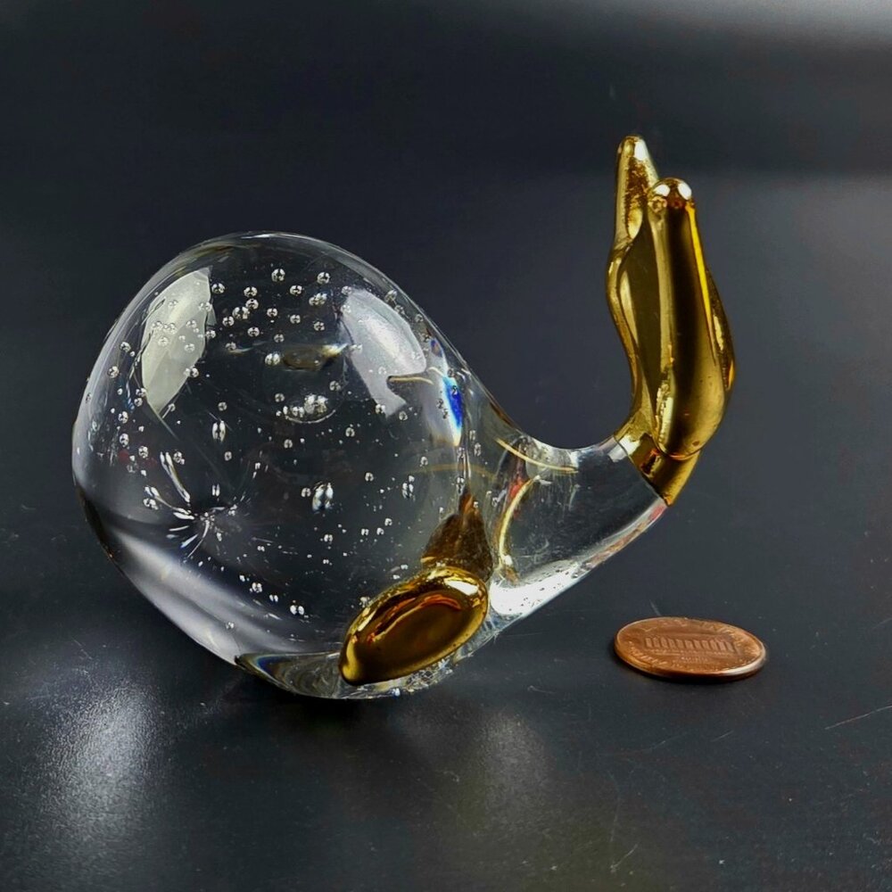 Vintage Murano-Style Whale Paperweight/Figurine - Gold Tail, Bubbled Body